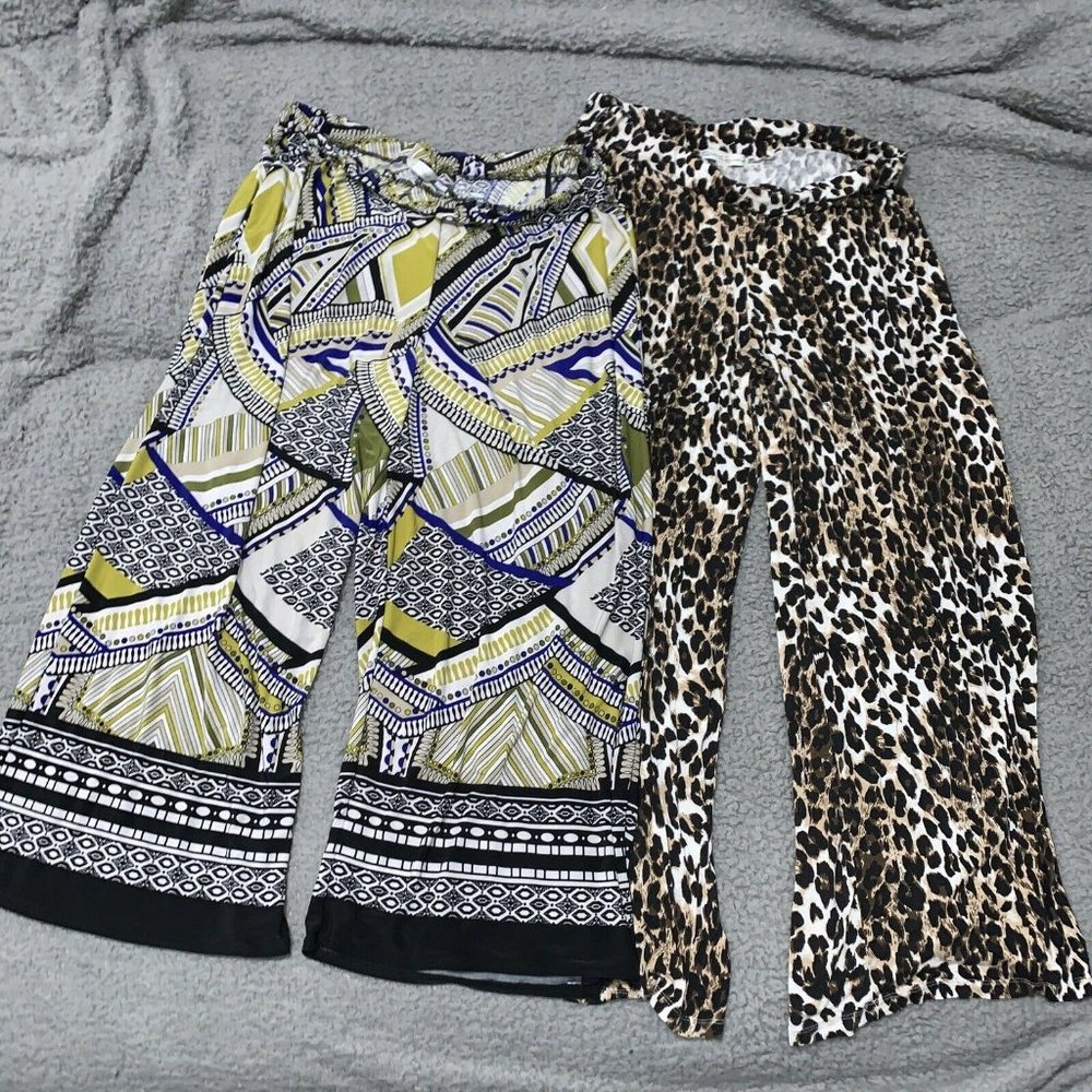 Lot Of 2 Woman XL Wide Leg Stretch Long Pants Art Deco & Leopard Print